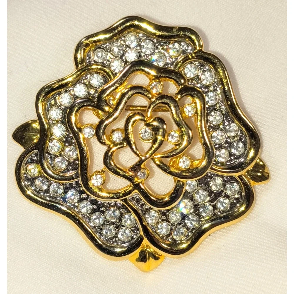 Rose Flower Motif, Vintage-inspired Style, Gold‎ Tone, Rhinestone, 1.5
